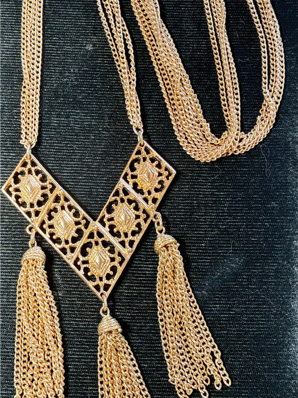 Vintage Gold Tassel Statement Necklace by Sarah Coventry with 4 chains, 26” long